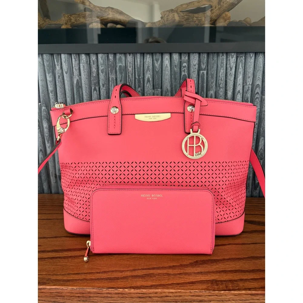 Henri Bendel West 57th Perforated Satchel and Wallet Set Coral Pink Saffiano